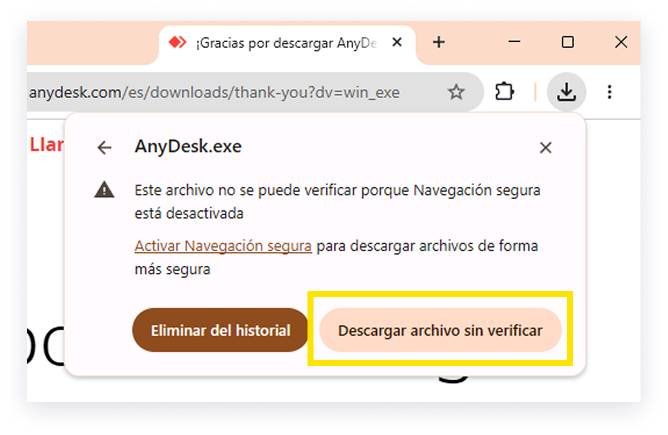 Aviso de descarga del navegador al descargar AnyDesk