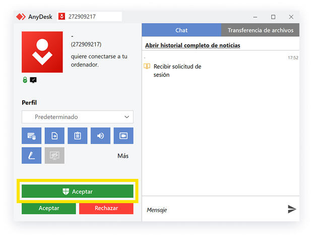 Ventana de AnyDesk para aceptar la conexión remota del técnico